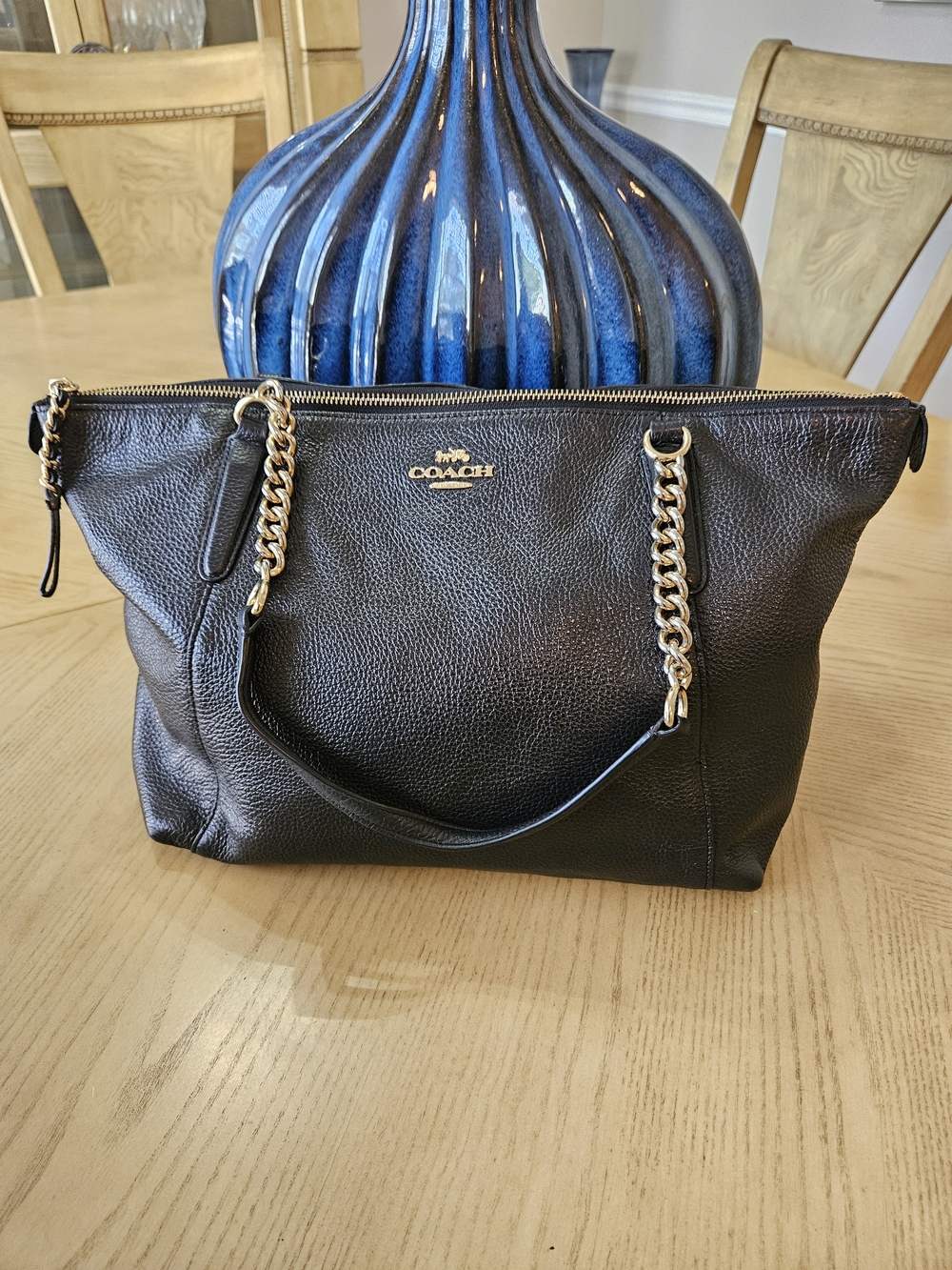 Coach Black Pebbled Leather Shoulder Bag with Gold Chain Accents